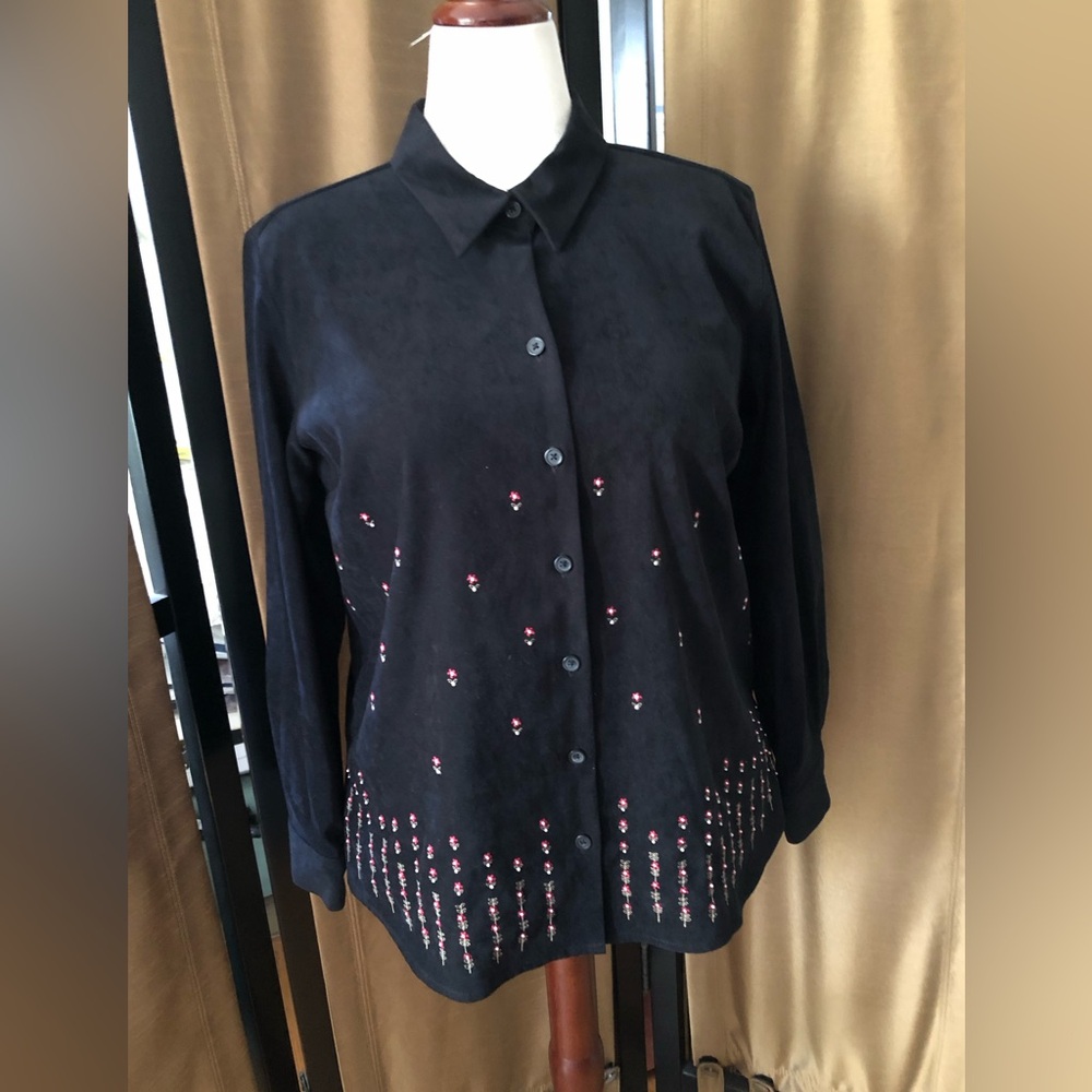 Black Floral Embroidery w Beads Button Down Shirt